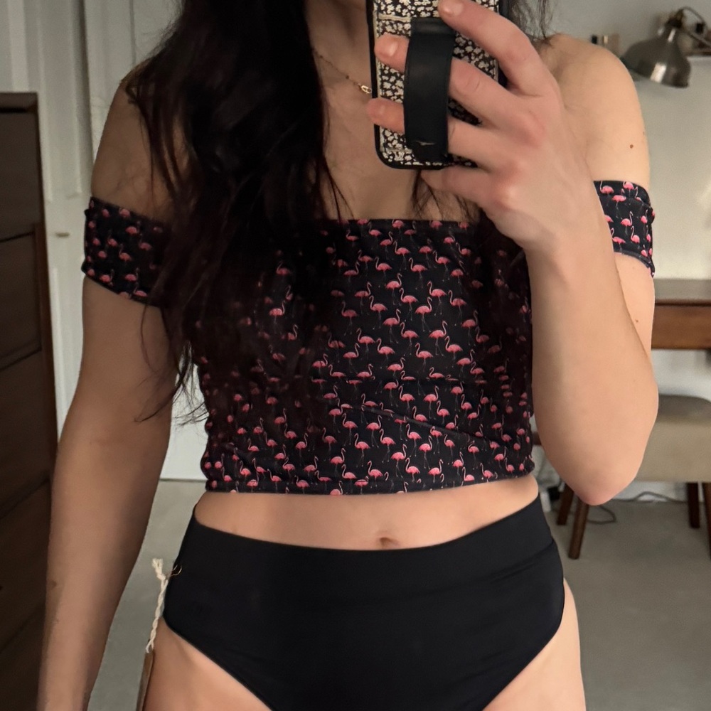 CUSTOM Flamingo Print off shoulder custom swim top